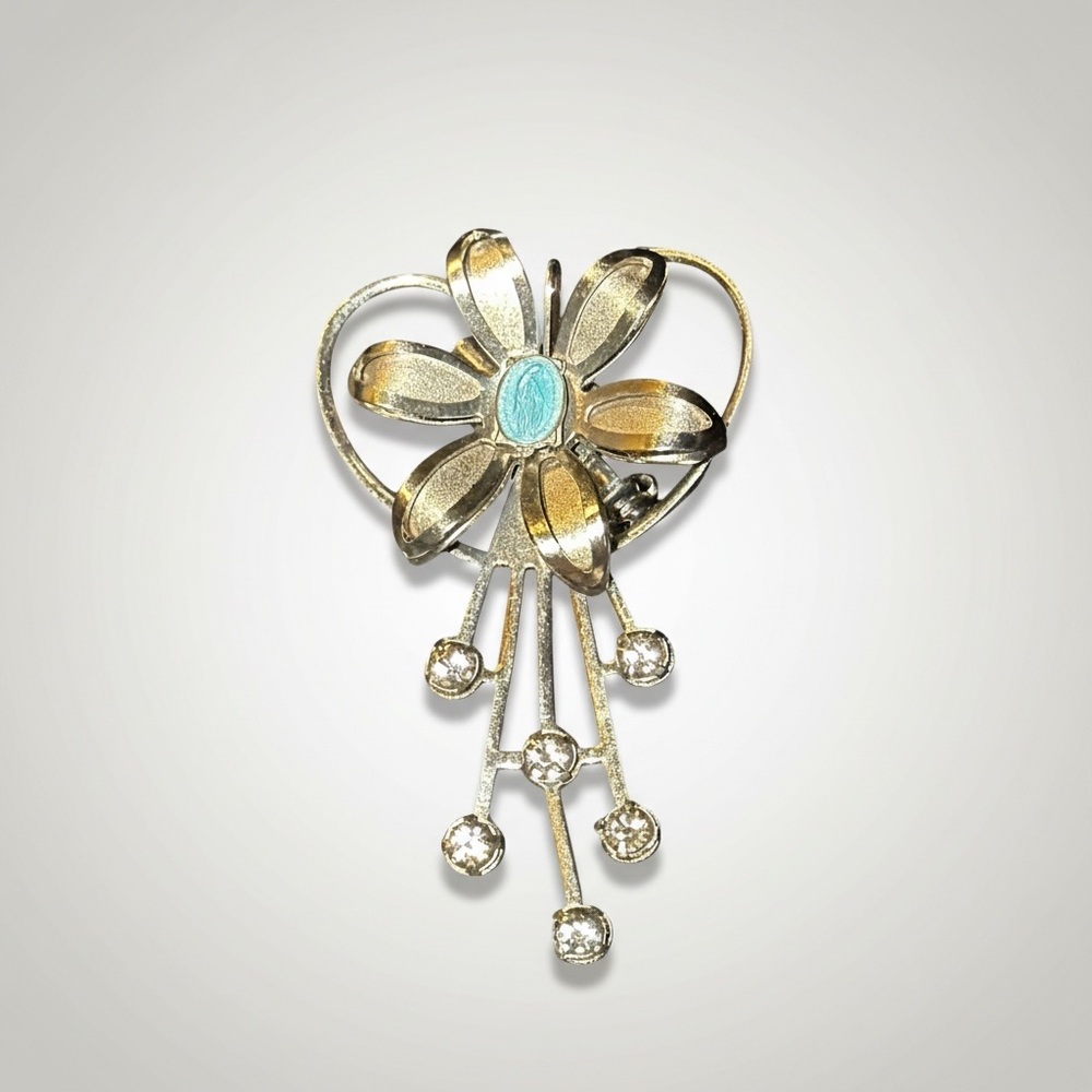Vintage Madonna Cameo Flower Brooch Heart Rhinestone Dangle Pin